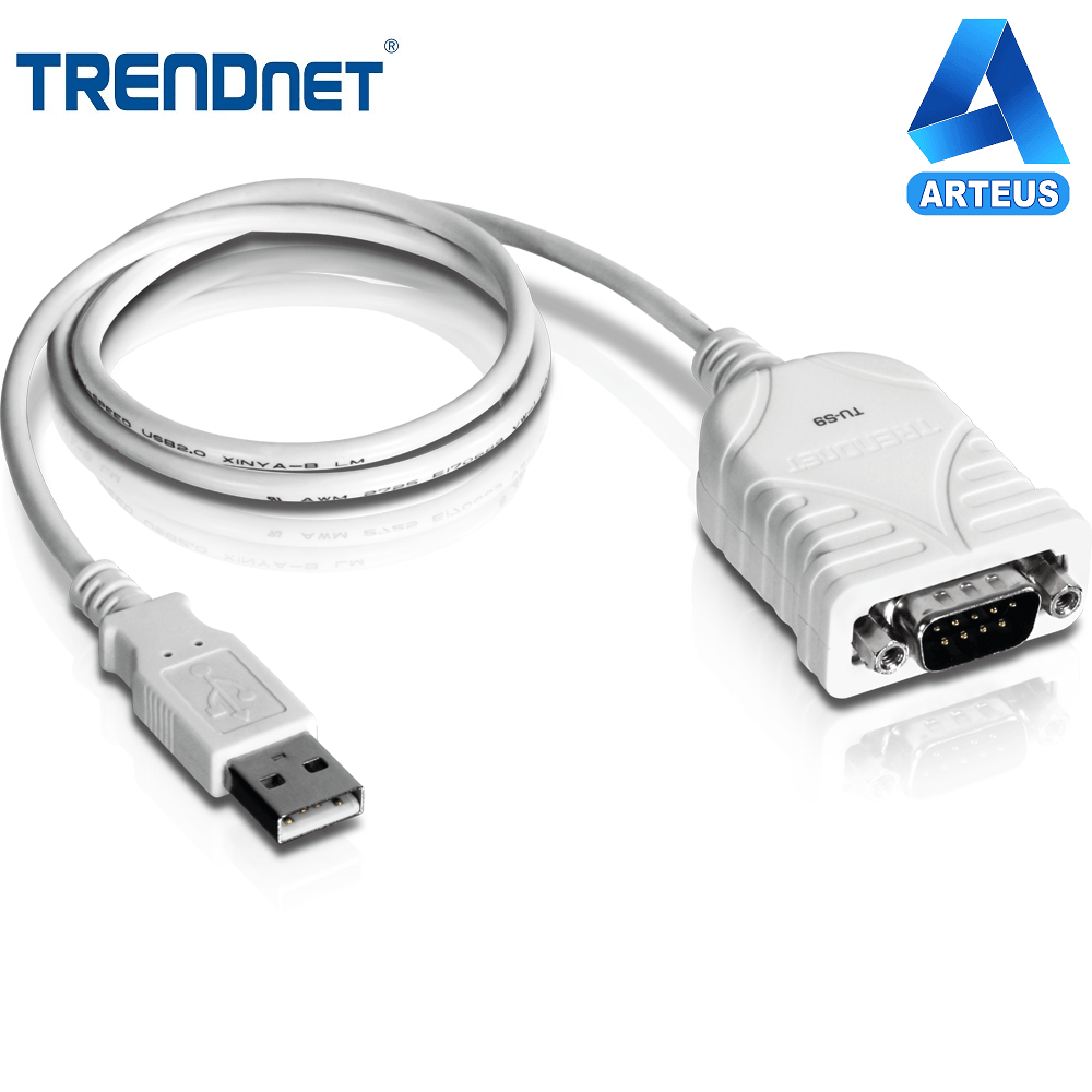 Convertidor USB a RS232 serial blanco, ideal para conexión de periféricos a PC y redes.