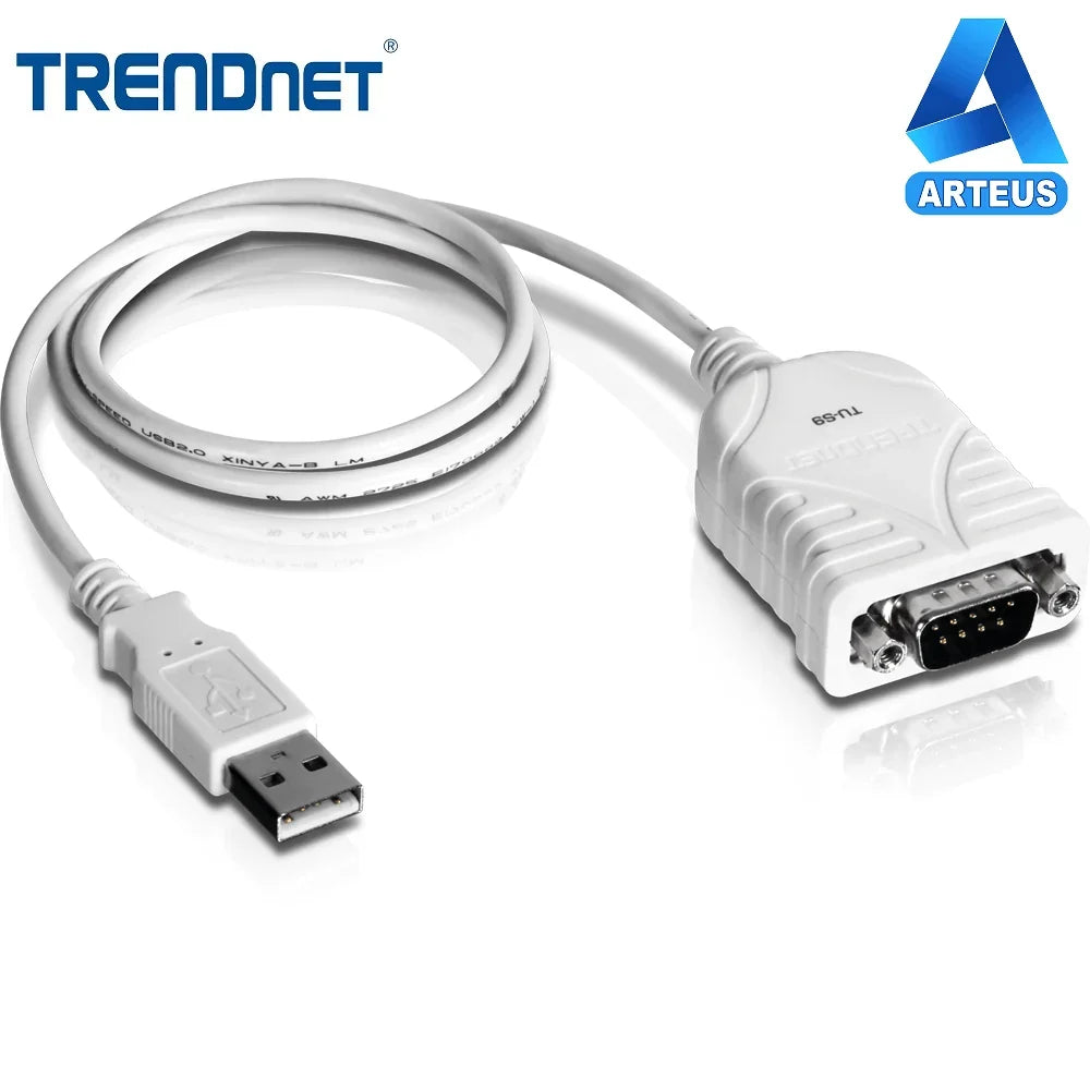 Convertidor USB a RS232 serial blanco, ideal para conexión de periféricos a PC y redes.