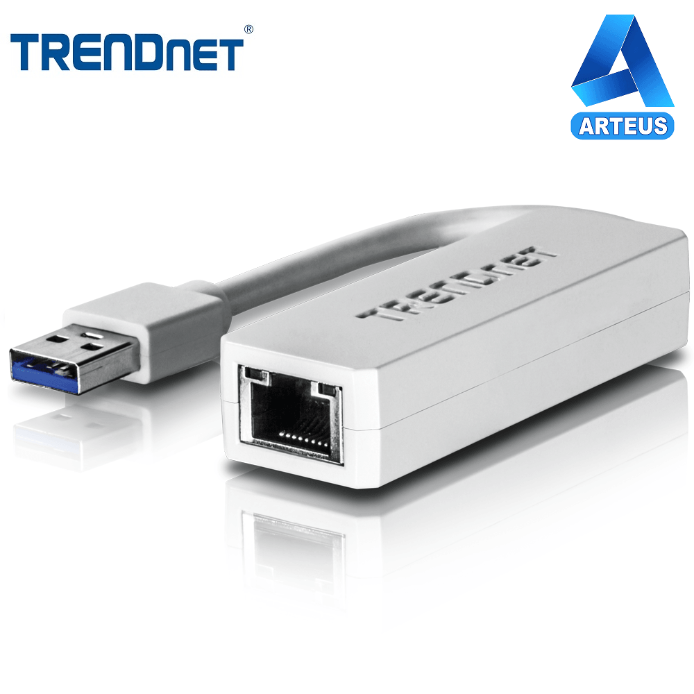 Adaptador USB 3.0 a Ethernet gigabit blanco, conector de red y puerto USB visibles.