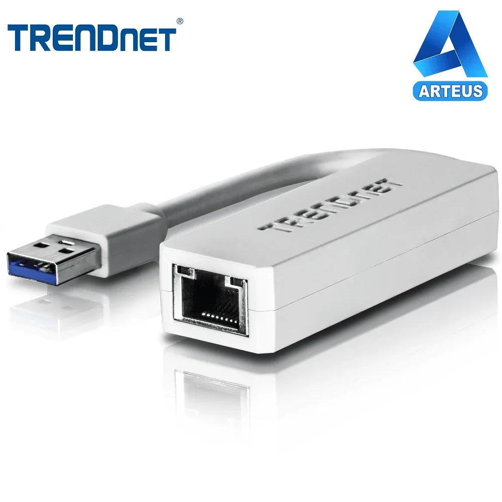 Adaptador USB 3.0 a Ethernet gigabit blanco, conector de red y puerto USB visibles.