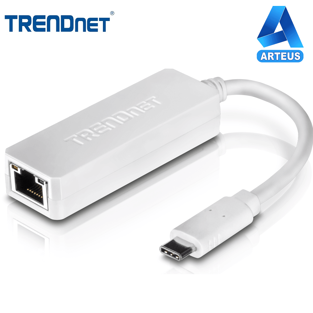 Adaptador USB-C a red Gigabit Ethernet blanco, conector Trendnet visible, fondo blanco