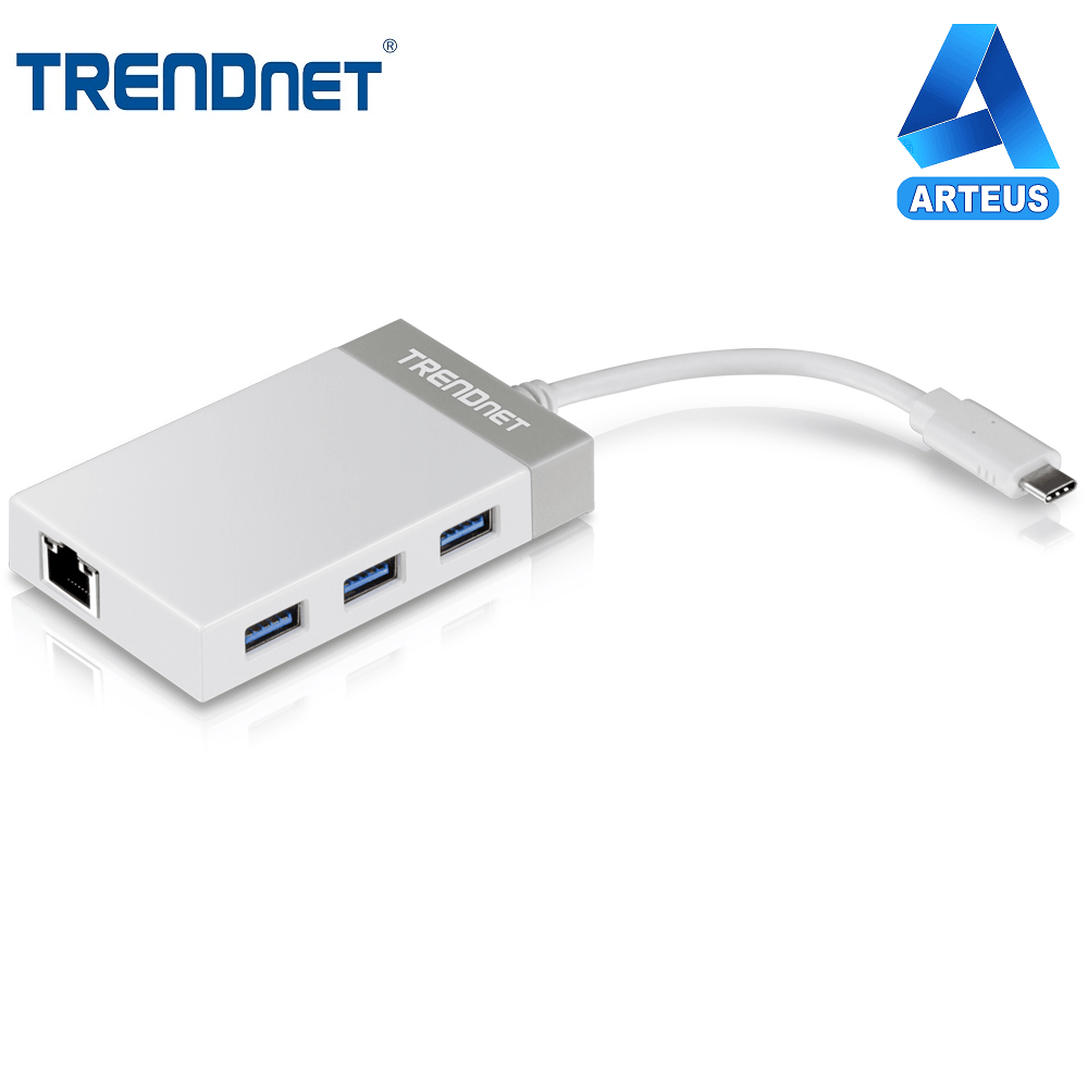 Adaptador USB-C a Gigabit Ethernet con 3 puertos USB, color blanco, sobre fondo blanco