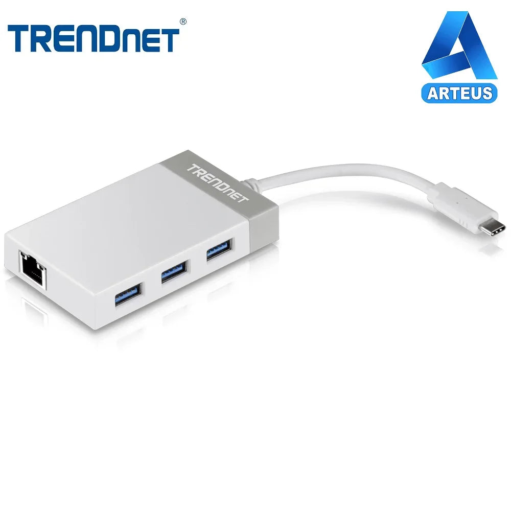 Adaptador USB-C a Gigabit Ethernet con 3 puertos USB, color blanco, sobre fondo blanco