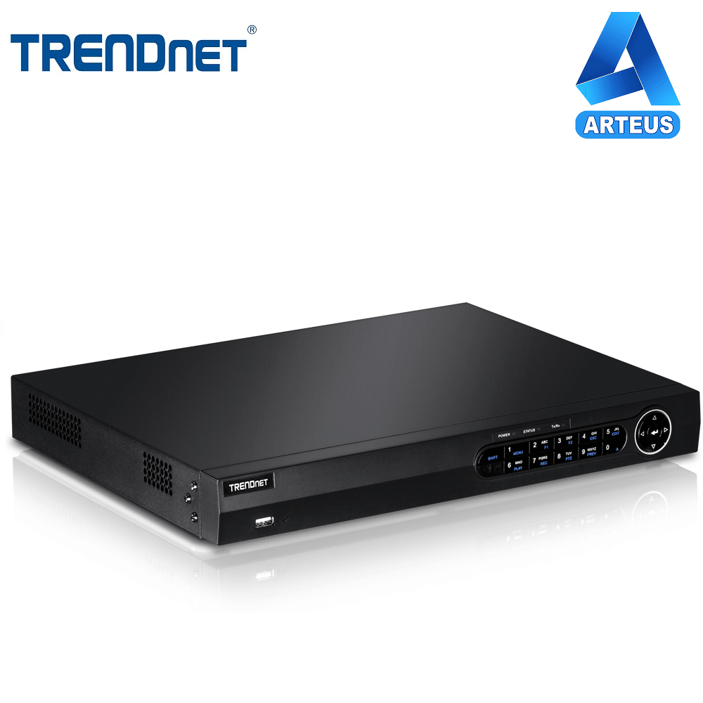 Grabador NVR TRENDnet de 16 canales para videovigilancia, carcasa negra, vista frontal