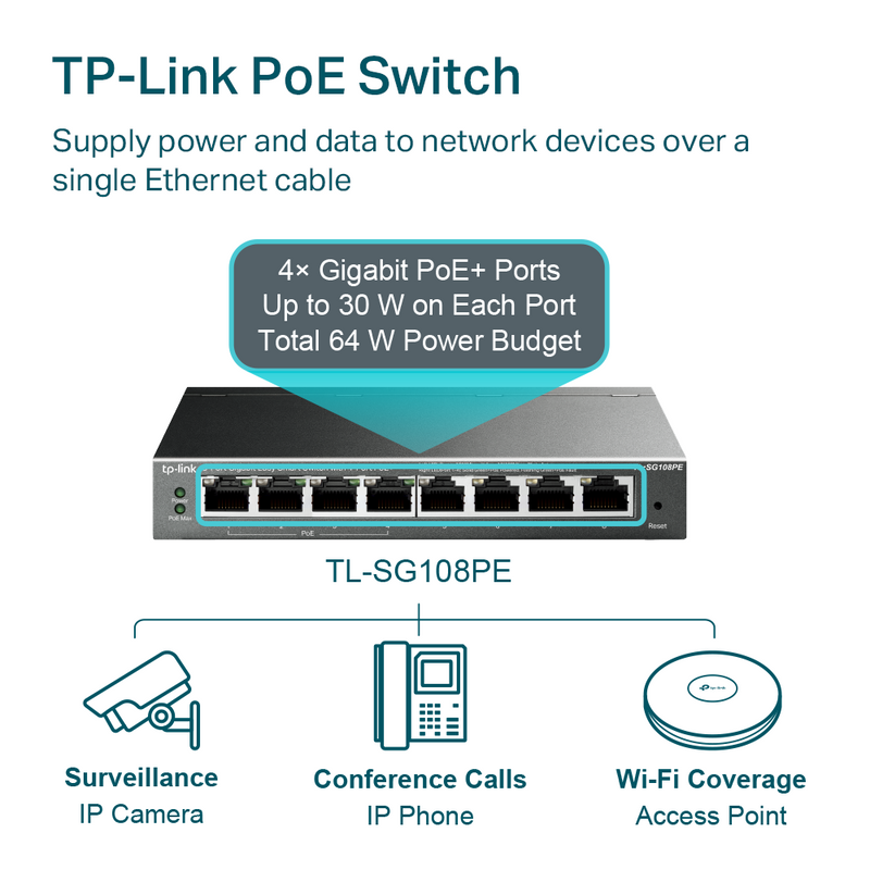 TP-LINK TL-SG108PE Switch gigabit inteligente de 8 puertos con 4 puertos POE, admite hasta 32 VLAN simultaneamenteauto MDI/MDIX