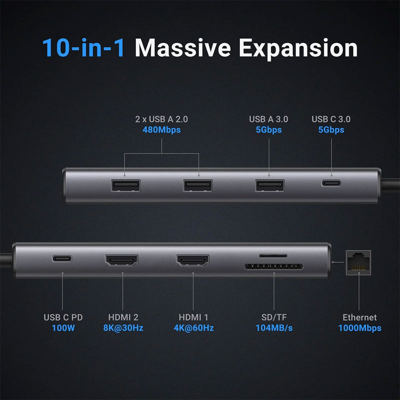UGREEN CM639 15534 Adaptador HUB USB-C 10 en 1 Revodok Pro 210, HDMI dual 4K a 60 Hz, 100 W de potencia