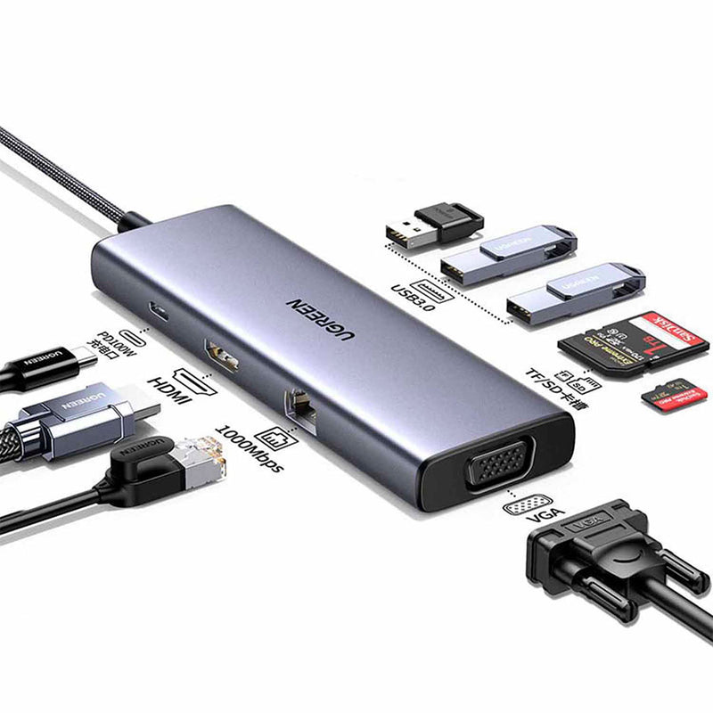 UGREEN CM498 15600 Adaptador HUB USB C 9 en 1, HDMI 4K, 1 VGA, 3 USB 3.0 A, Gigabit Ethernet, PD de 100 W, ranura para tarjeta SD/TF