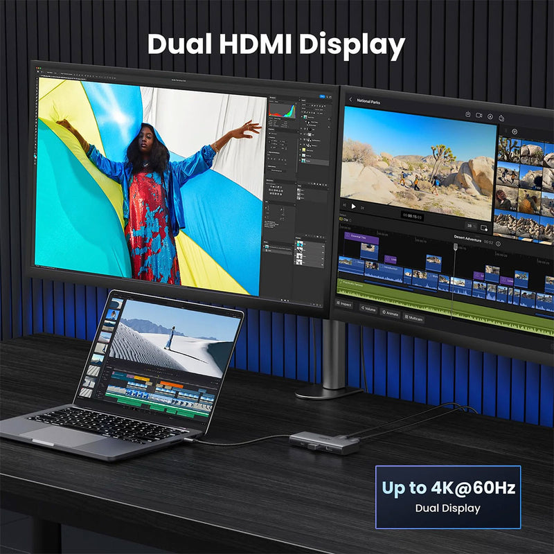 UGREEN CM498 15852 Revodok 206 6-in-1 USB-C HUB Adapter, Dual HDMI, Single 8K at 30 Hz