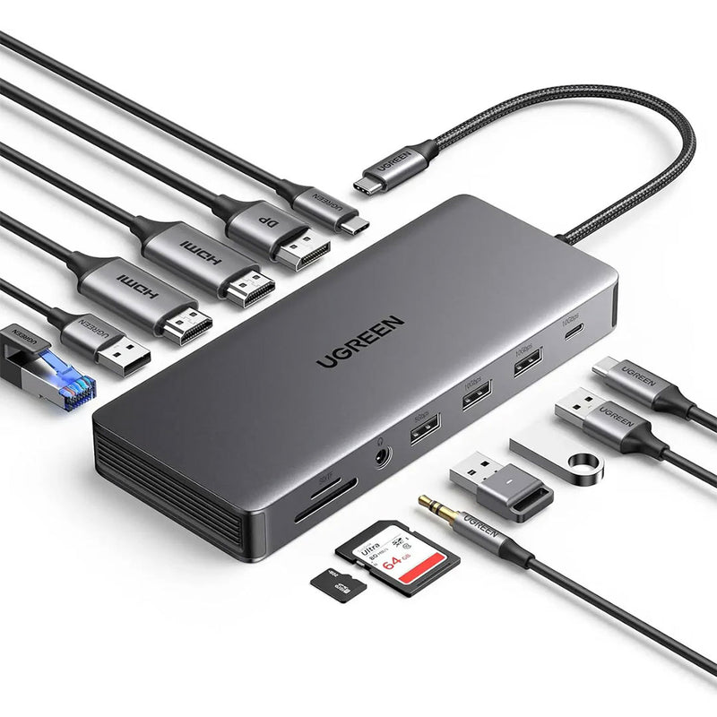UGREEN CM681 15978 Adaptador multifuncional para pantalla triple 13 en 1 Revodok Pro 313, HDMI, USB C, DP, USB A, Ethernet 1000Mbps, ranuras SD/TF y audio 3,5mm