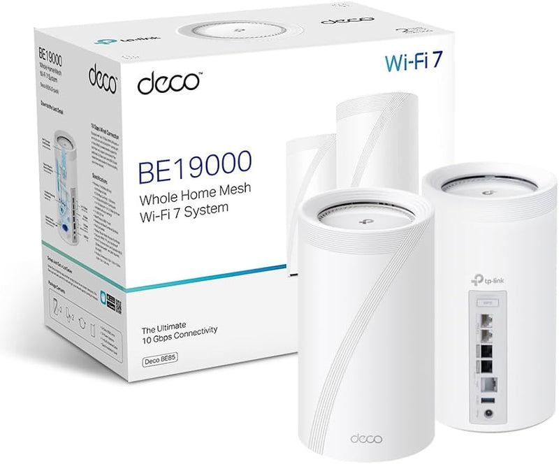 TP-LINK DECO BE85(2-pack), Pack x2 Sistema WiFi 7 MESH BE22000 para todo el hogar de tres bandas. Compatible con Alexa y Asistente Google