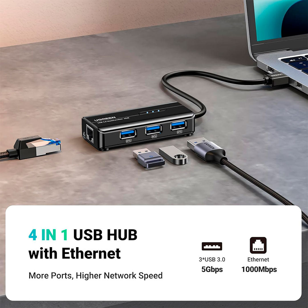 UGREEN 20265 Adaptador HUB 4 en 1 USB-A a RJ45/USB-A
