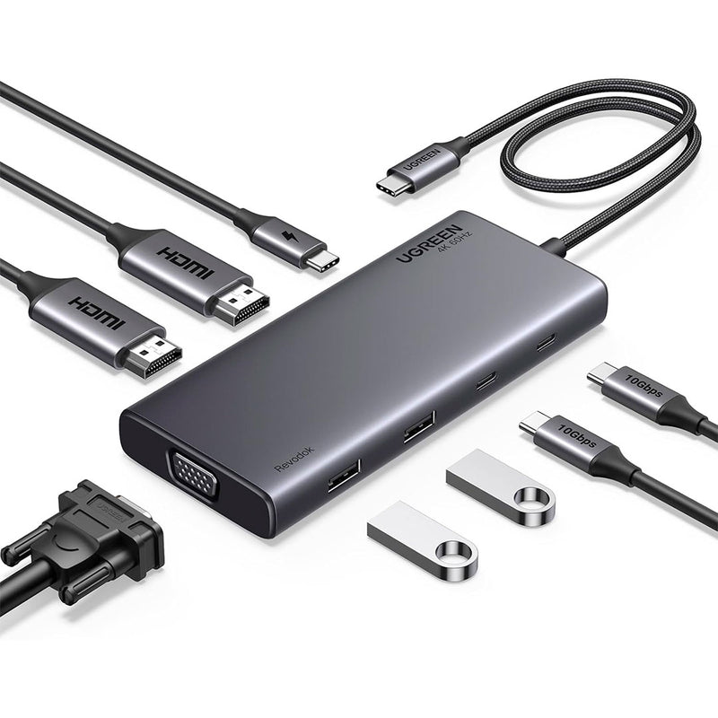 UGREEN CM369 35588 Adaptador HUB 8 en 1 Revodok Pro 308, USB C, USB A, HDMI, VGA, pantalla triple, PD 100 W