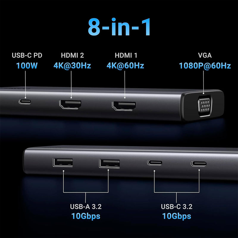UGREEN CM369 35588 Adaptador HUB 8 en 1 Revodok Pro 308, USB C, USB A, HDMI, VGA, pantalla triple, PD 100 W