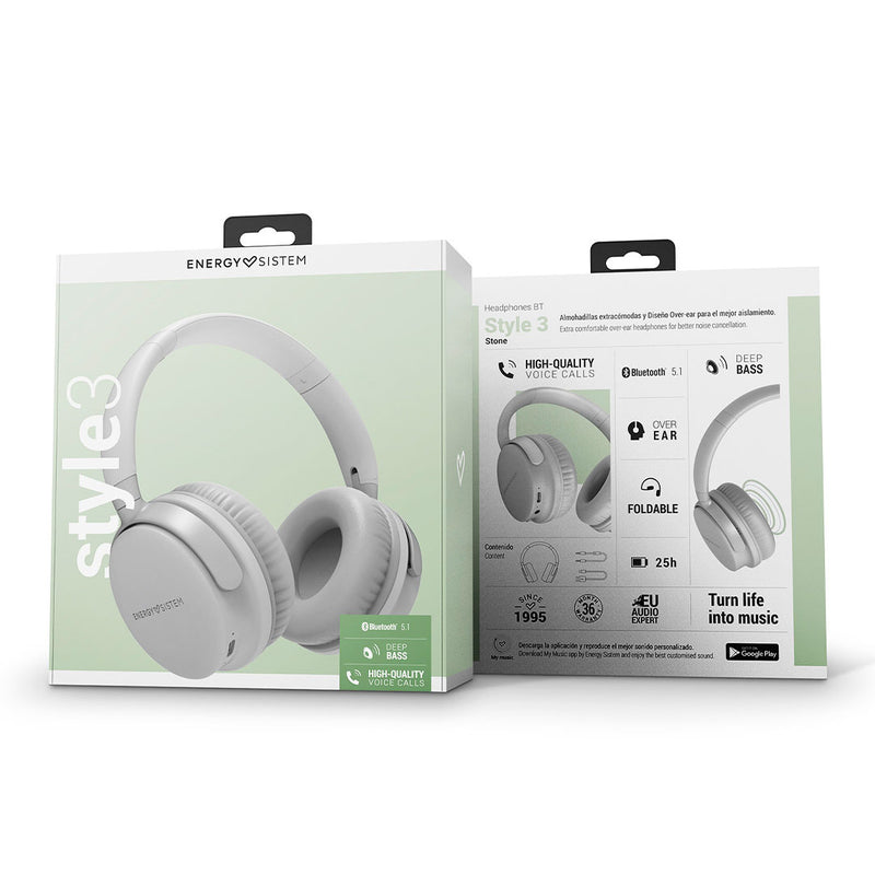 ENERGY SISTEM STYLE 3 STONE (453030) Auriculares Bluetooth, Almohadillas extracómodas y diseño over-ear para el mejor aislamiento, Blanco