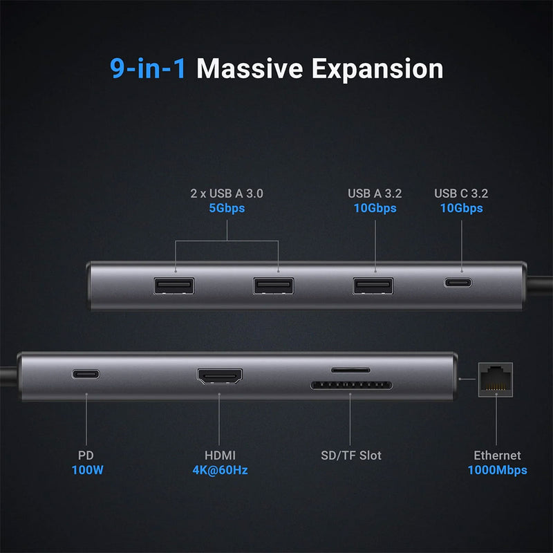 UGREEN CM639 45520 Adaptador HUB Revodok USB-C a 2xUSB-C 3.2, USB-A 3.2, USB-A 3.0, HDMI, VGA, RJ45 Gigabit, SD/TF, AUX 3.5mm, convertidor PD