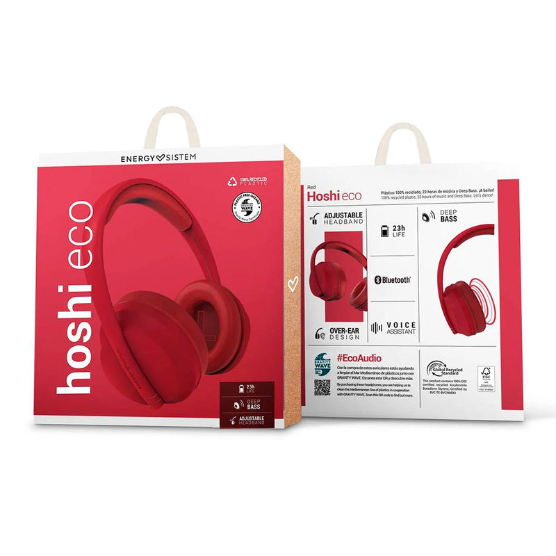 ENERGY SISTEM HOSHI ECO (457557) Auriculares Bluetooth, Plástico 100% reciclado, 23 horas de música y Deep Bass, Rojo