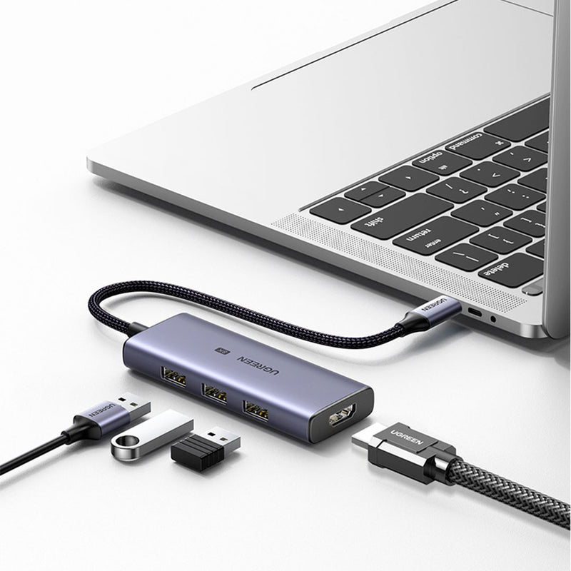 UGREEN CM500 50629 Adaptador HUB multifuncional 4 en 1 USB C, 3x USB 3.2 Gen 1, HDMI 2.1 8K 30Hz, gris