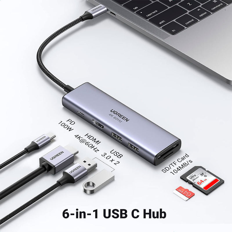 UGREEN CM511 60384 Adaptador HUB USB 6 en 1, HDMI 4K 60 Hz, puerto PD, USB 3.0
