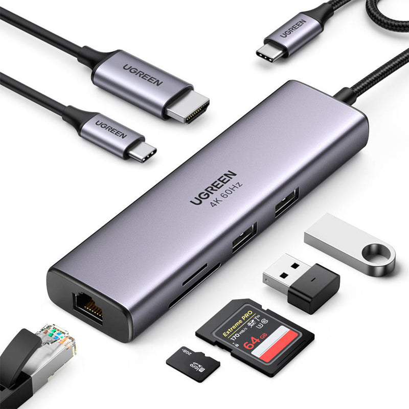 UGREEN CM512 60515 Adaptador HUB 7 en 1, HDMI 4K, 60 Hz, USB C, PD de 100 W, lector SD/TF, x2 USB 3.0