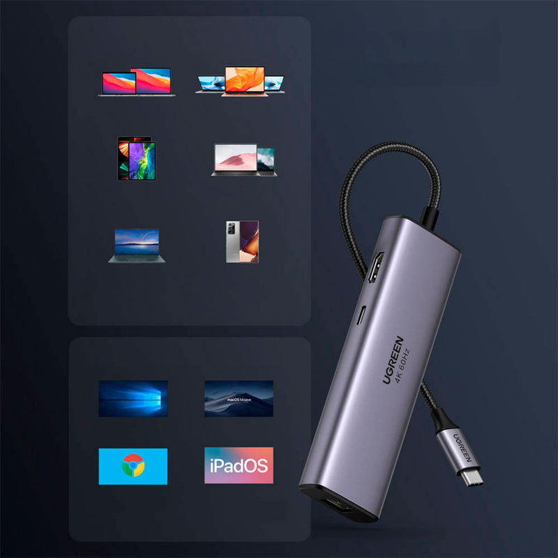 UGREEN CM512 60515 Adaptador HUB 7 en 1, HDMI 4K, 60 Hz, USB C, PD de 100 W, lector SD/TF, x2 USB 3.0