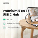 Adaptador UGREEN CM252 60718 3 em 1 USB-C HUB, 3 portas USB 3.0 e adaptador Gigabit Ethernet
