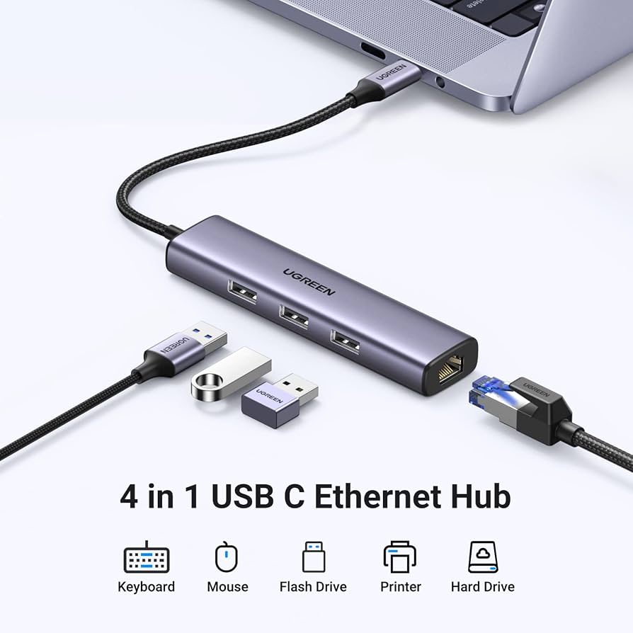 UGREEN CM475 60600 Adaptador HUB 4 en 1 USB-C a RJ45 USB-A