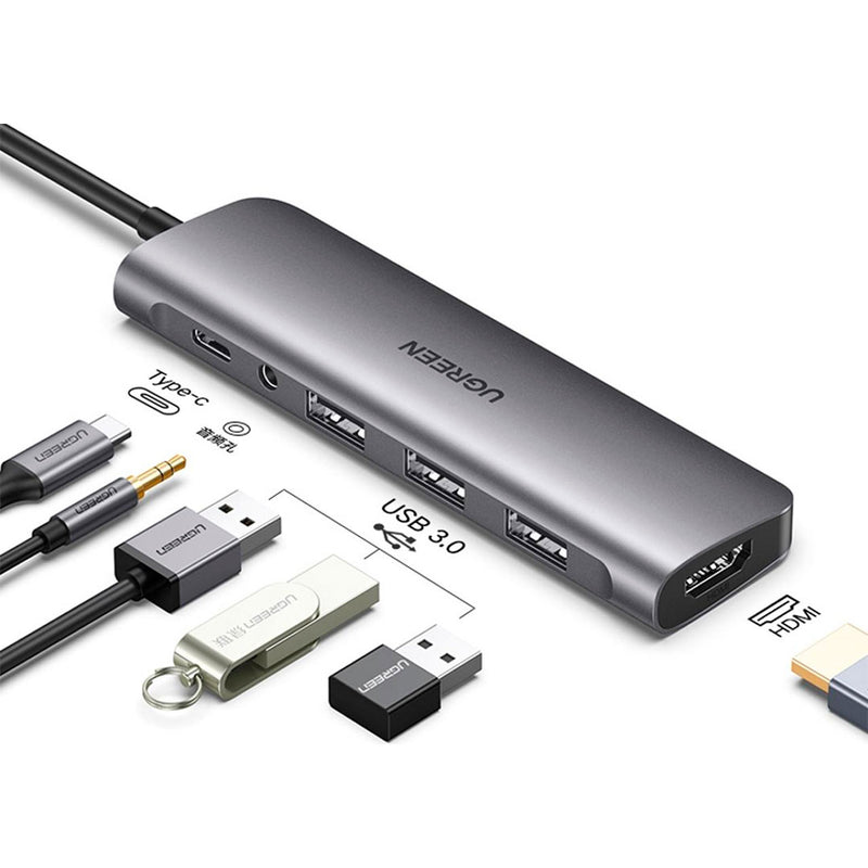 UGREEN CM136 80132 Adaptador HUB tipo C a HDMI, 3xUSB 3.0, 1x Aux 3.5mm, 1xPD