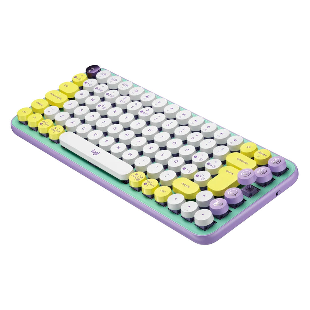 LOGITECH POP KEYS Teclado mecánico inalámbrico Switch Marrón, teclas de emojis personalizables, Lila y verde, 920-010714