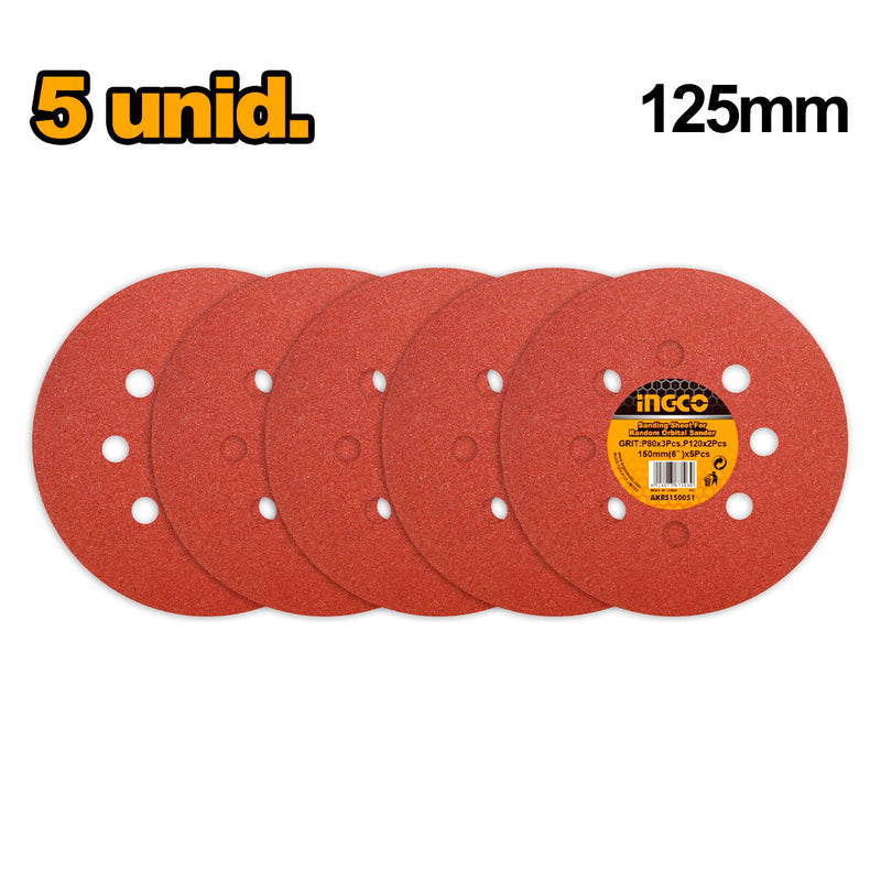 INGCO AKRS125051 Set de 5 hojas de disco de lija de velcro 125mm para rotorbital para RS3208, URS3208 y CROSLI2001