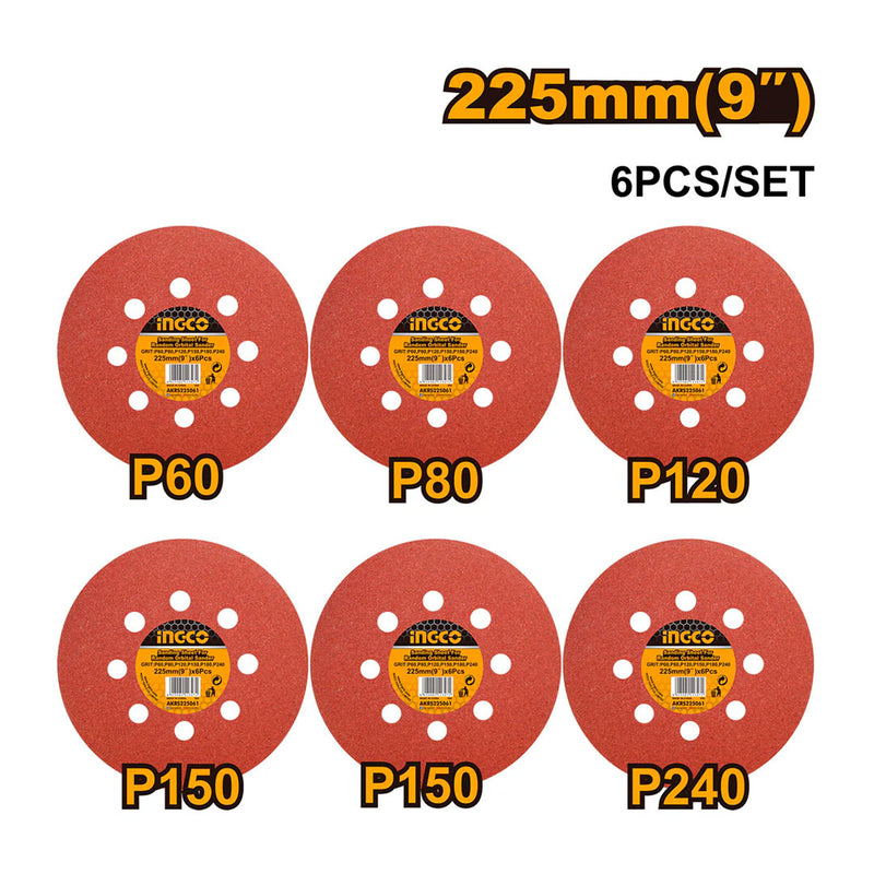 INGCO AKRS225061 Set de 6 disco de lija de 225mm grano 60, 80, 120, 150, 180, 240 para DWS6003 y DWS10501