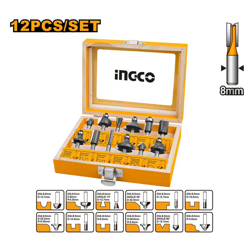 INGCO AKRT1211 Kit 12 fresas 8mm para fresadora ruteadora