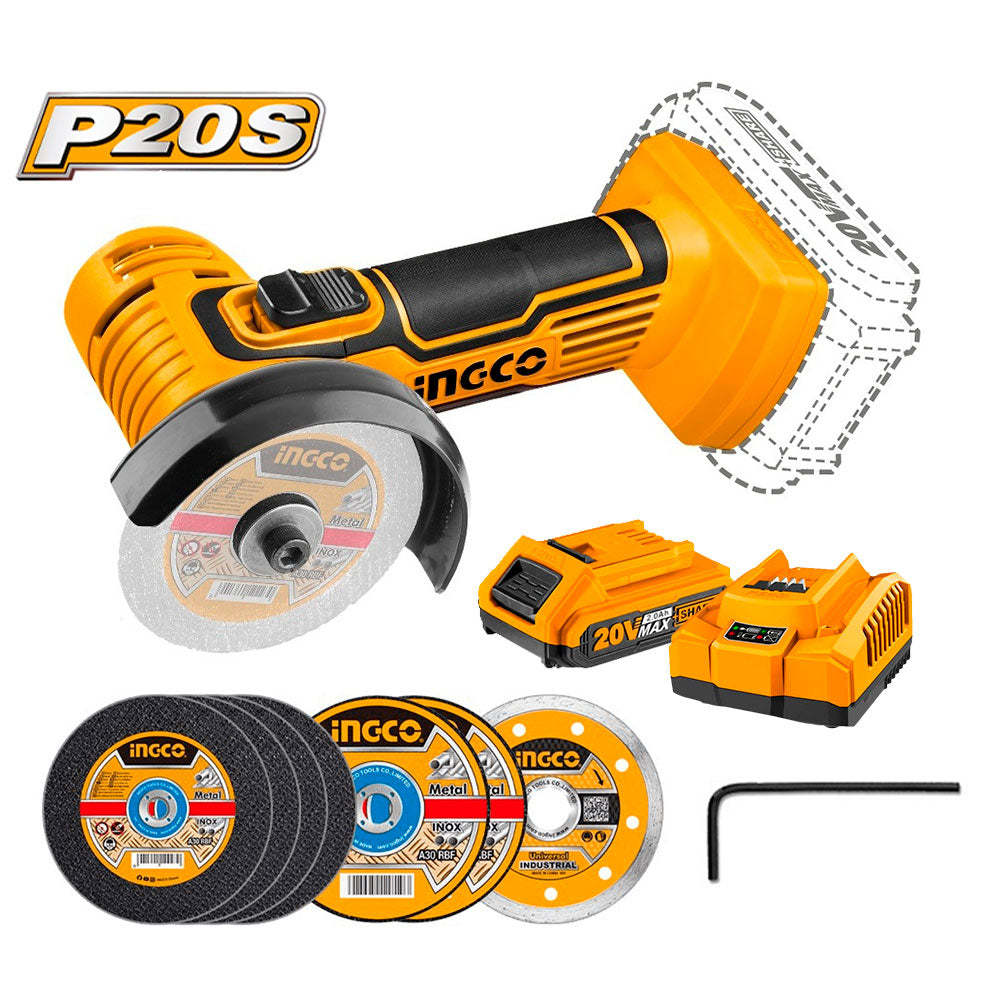 INGCO CAGLI76017 Amoladora angular inalámbrica P20S 3'' 20V + batería + cargador + 7 discos