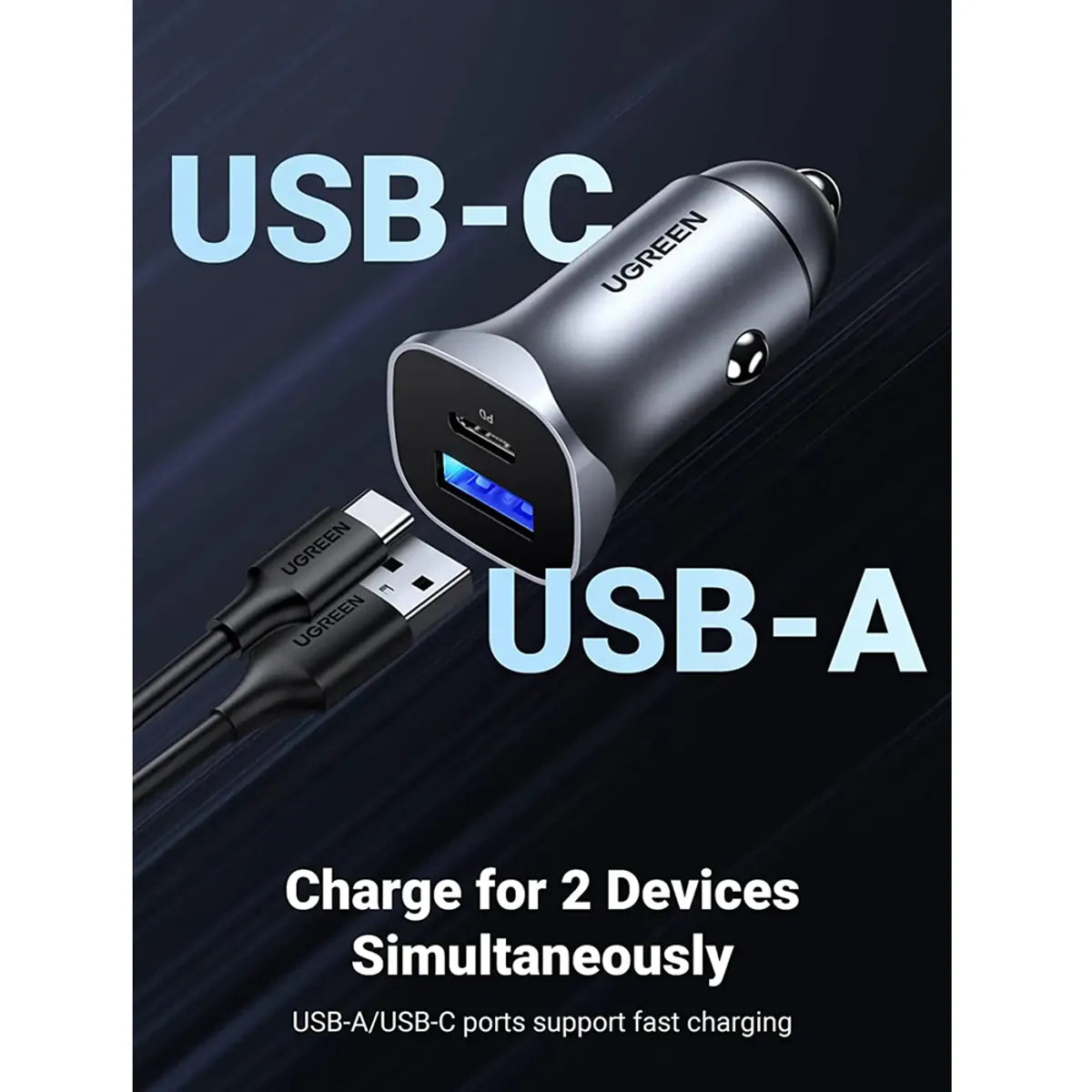 UGREEN CD130 30780 Cargador Rapido Para Vehiculos 1USB-C DP y 1 USB-A 24W