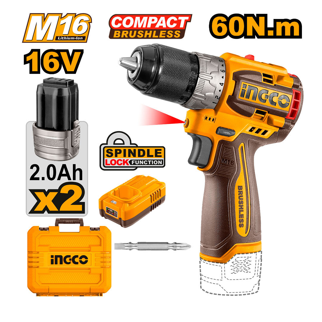 INGCO CDLI16682 Taladro atornillador inalámbrico 16v +1 cargador+2 baterías