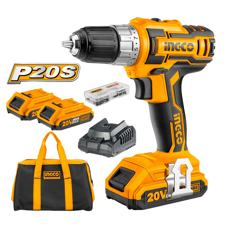 INGCO CDLI2002 Taladro atornillador P20S + cargador + 2 baterías 20v + 47 accesorios + mochila