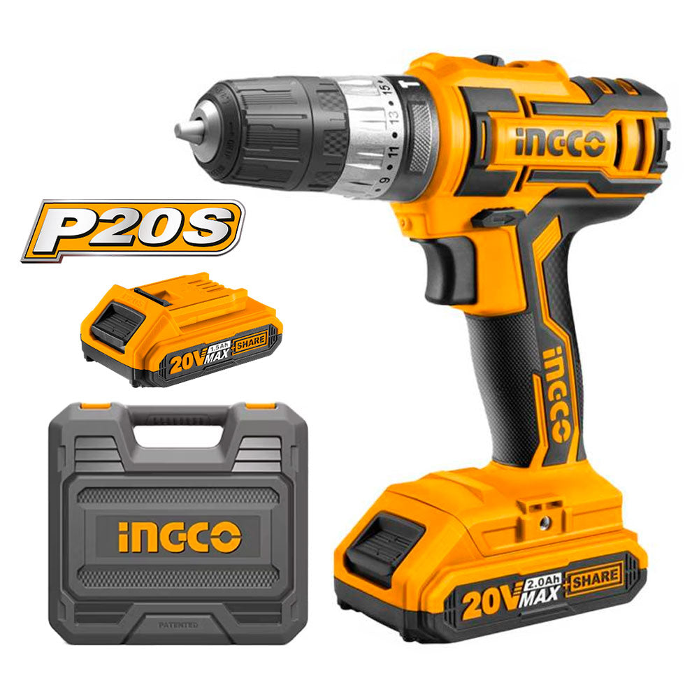 INGCO CIDLI200215 Taladro atornillador con percutor P20S + 2 baterías de litio 20v