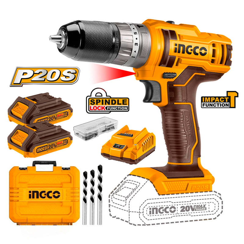 INGCO CIDLI201452 Taladro de impacto P20S 20V + cargador + 2 baterías 2.0ah