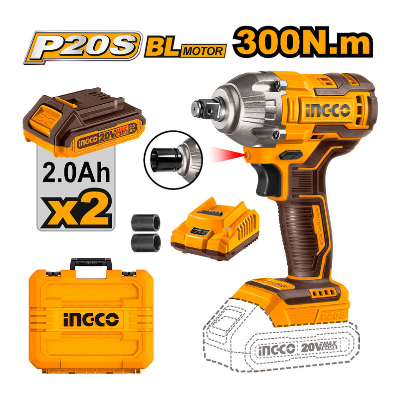 INGCO CIWLI2038 Llave de impacto 300nm 20V + cargador + 2 bateria 2.0ah