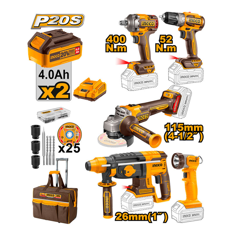 INGCO CKLI2058 Kit de herramientas eléctricas CDLI204531 + CIWLI20401 + CRHLI20228 + CAGLI21154 + CWLI2038