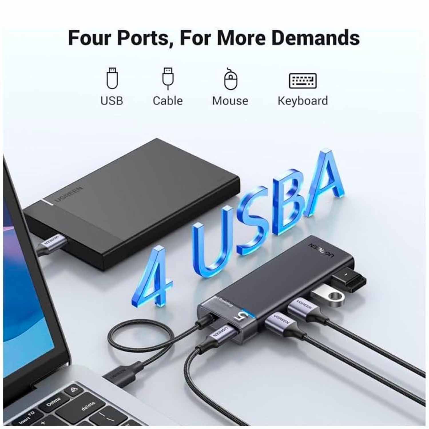 UGREEN CM653 15548 Adaptador Hub 4 Puertos Usb-A Cable Alimentador Usb-A