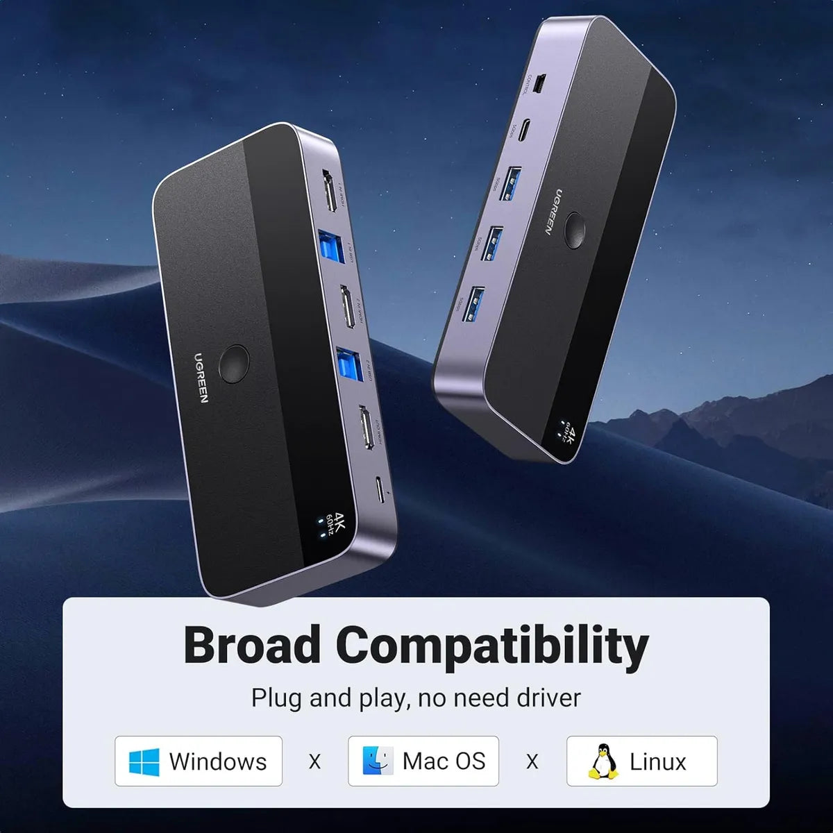 UGREEN CM664 15707 Conmutador KVM 2x HDMI USB C 3.0 4 puertos USB 4K@60Hz