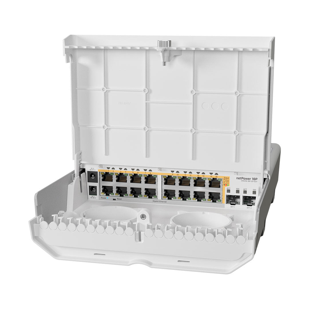 MIKROTIK NETPOWER 16P Switch Para Exterior 16 Puertos PoE y 2 Puertos SFP+