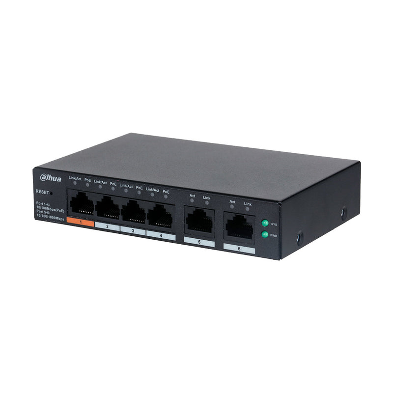 DAHUA DH-CS4006-4ET-60, Switch Cloud 4 Puertos POE 10/100Mbps y 2Uplink Gigabit 60w