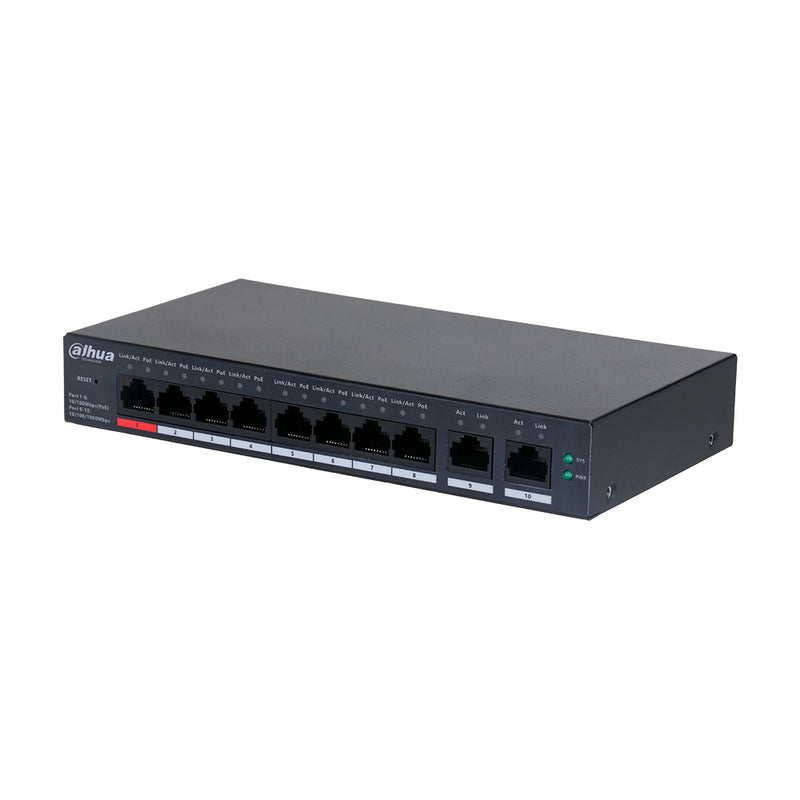 DAHUA DH-CS4010-8ET-110, Switch Cloud 8 Puertos POE 10/100 y 2Uplink Giga 110w Administra en nube Capa 2