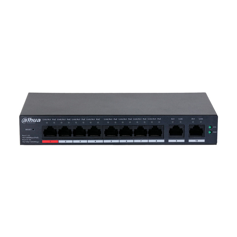 DAHUA DH-CS4010-8ET-110, Switch Cloud 8 Puertos POE 10/100 y 2Uplink Giga 110w Administra en nube Capa 2