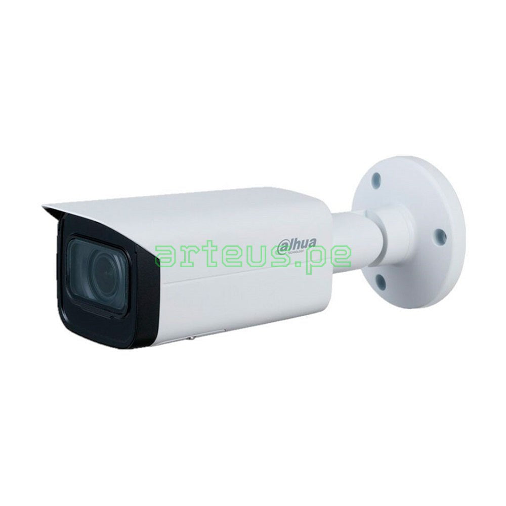 Cámara de seguridad Dahua tipo bullet para videovigilancia, montada en pared, color blanca.