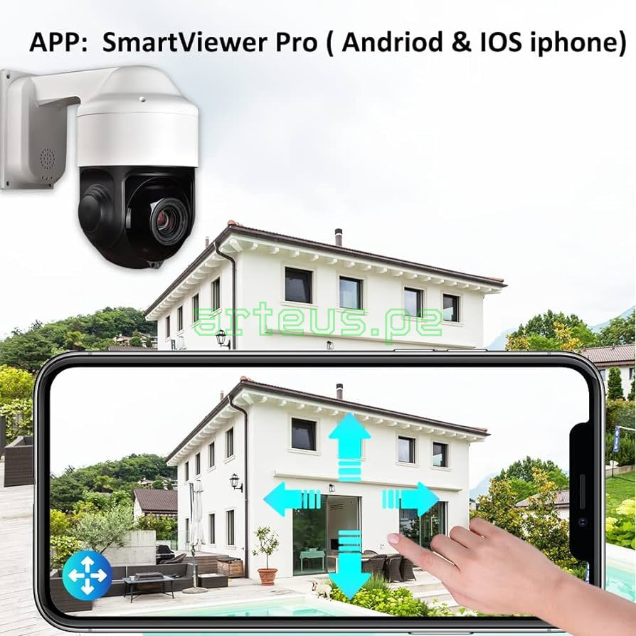 Cámara de seguridad domo vigilando casa moderna, controlada desde app móvil SmartViewer Pro.
