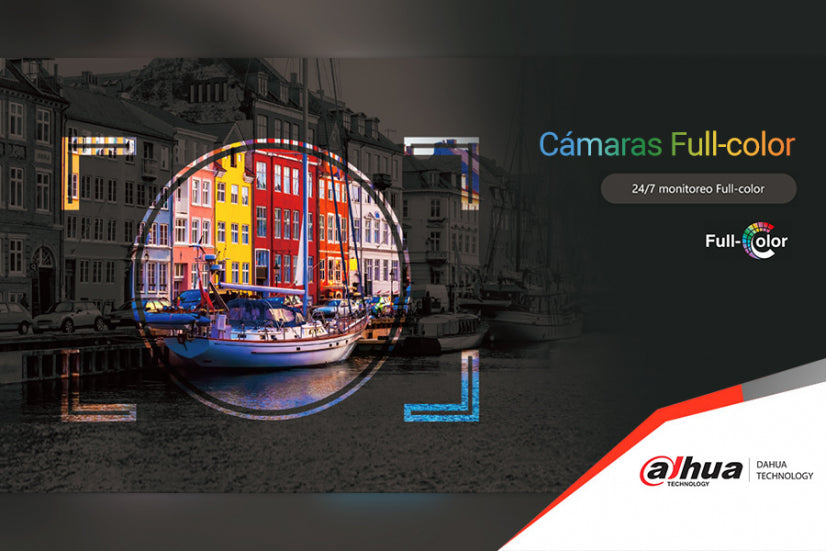 Demostración de cámaras Full-color con imagen de puerto y casas coloridas, tecnología Dahua.