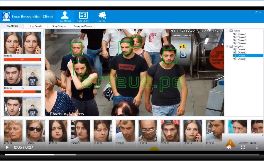 Software de reconocimiento facial detectando rostros en una estación de metro, solución de seguridad electrónica.