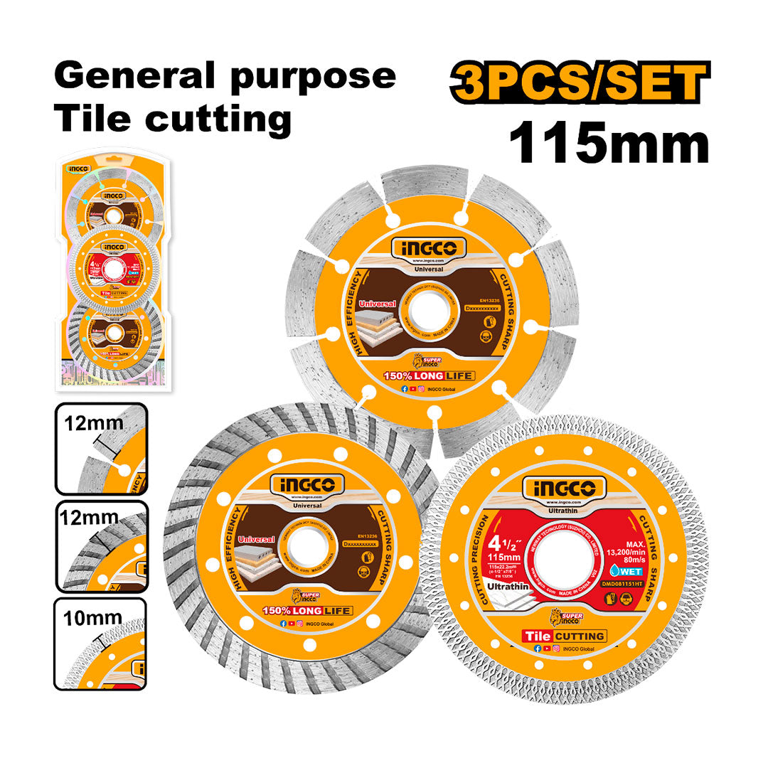 INGCO DMD063115 Set de Disco diamante seco, turbo y ultrafino 115mm (borde de malla)
